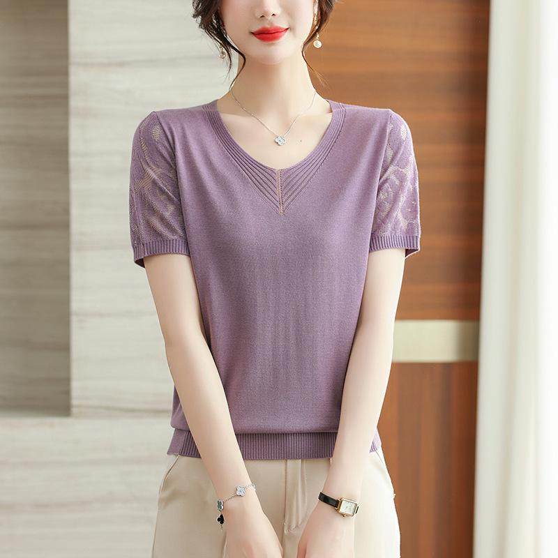 

Летняя тонкая футболка с V-образным вырезом и кружевом, элегантная женская, на все случаи жизни 2XL фиолетовый