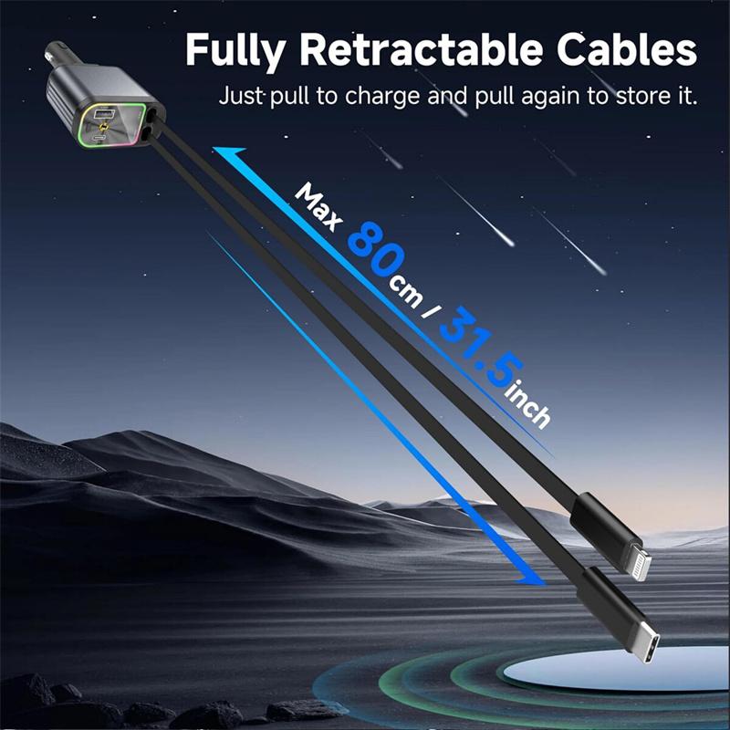 Superrychlá nabíječka do auta, 120W nabíječka do auta s výsuvnými kabely USB a Type-C portem, výsuvná nabíječka do auta 4 v 1