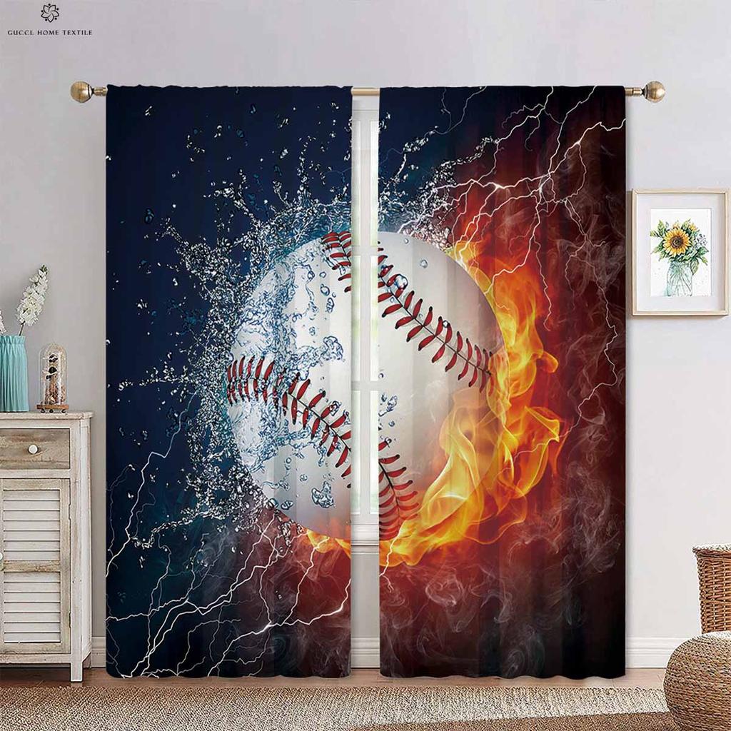Football Rugby in Wasser und Feuer 3D-gedruckter Stangendurchzugsvorhang Schlafzimmer Wohnzimmer Küche Dekovorhang 2 Stück