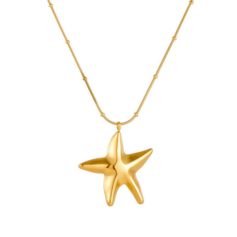 Gold Starfish Pendant Necklace, Dainty Beaded Box Chain Necklace, Chunky Ocean Jewelry for Women Daily Wear Gift