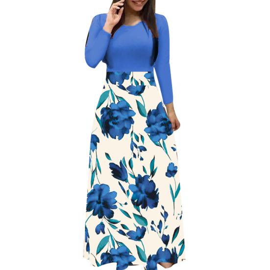Damen O-Ausschnitt Lang Kurzarm Blumenmuster Großer Saum Tailleneng Maxi-Kleid