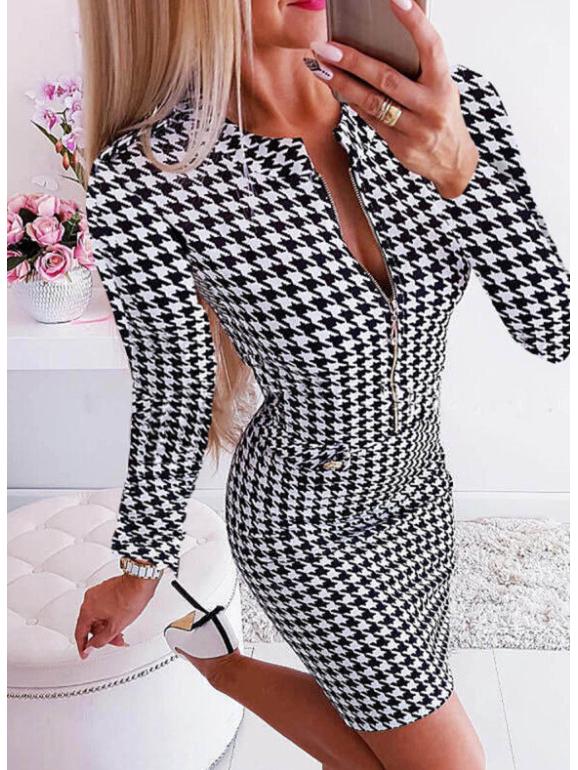 

A19 Горячая Распродажа Мини-юбка в гусиную лапку Платье с длинным рукавом XL