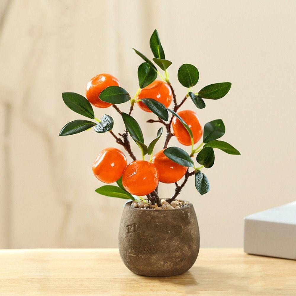 Multicolor Artificial Fruits Bonsai Pomegranate Lemon Orange Grey Flowerpot Fruit Tree Potted Green Leaves Waterproof