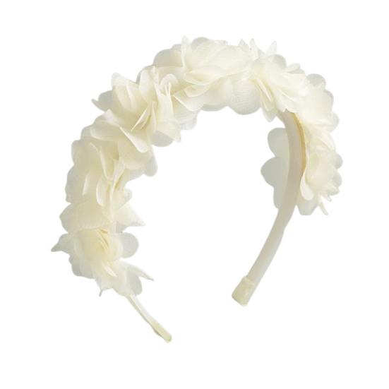 Soft Yarn Headband with Gauze Flowers Faux Pearls Decor Romantic