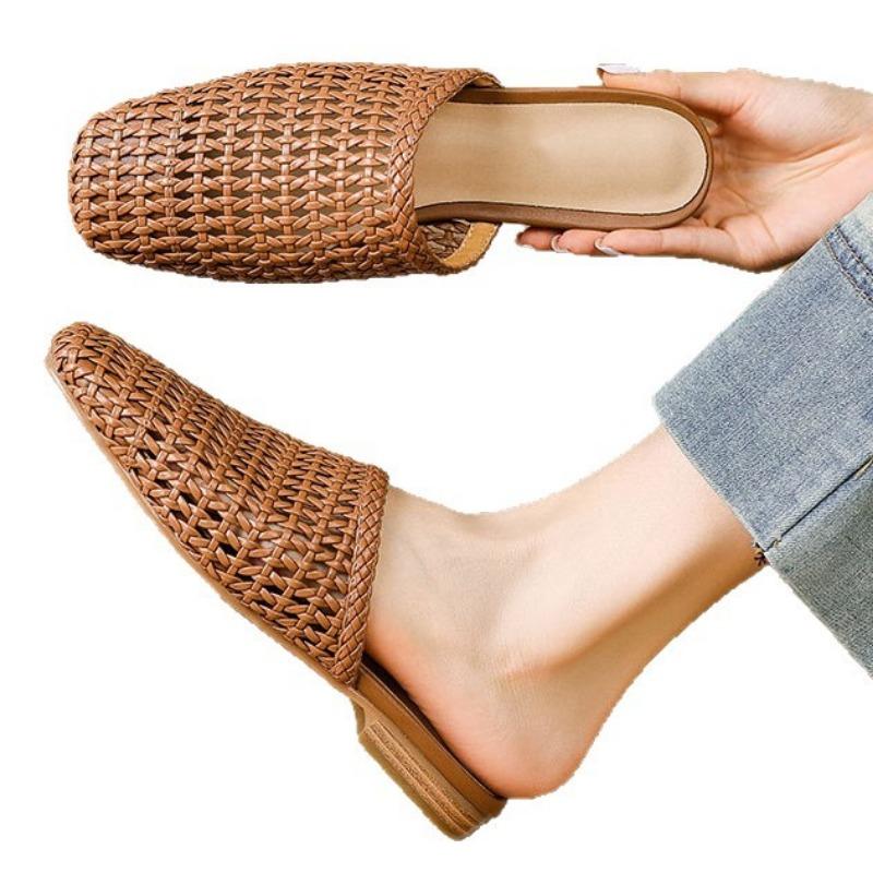 Soft Sheepskin~ Hollow-woven Breathable Bag Head Half-dragging Girl Wearing Summer Fairy Temperament Cool Slippers