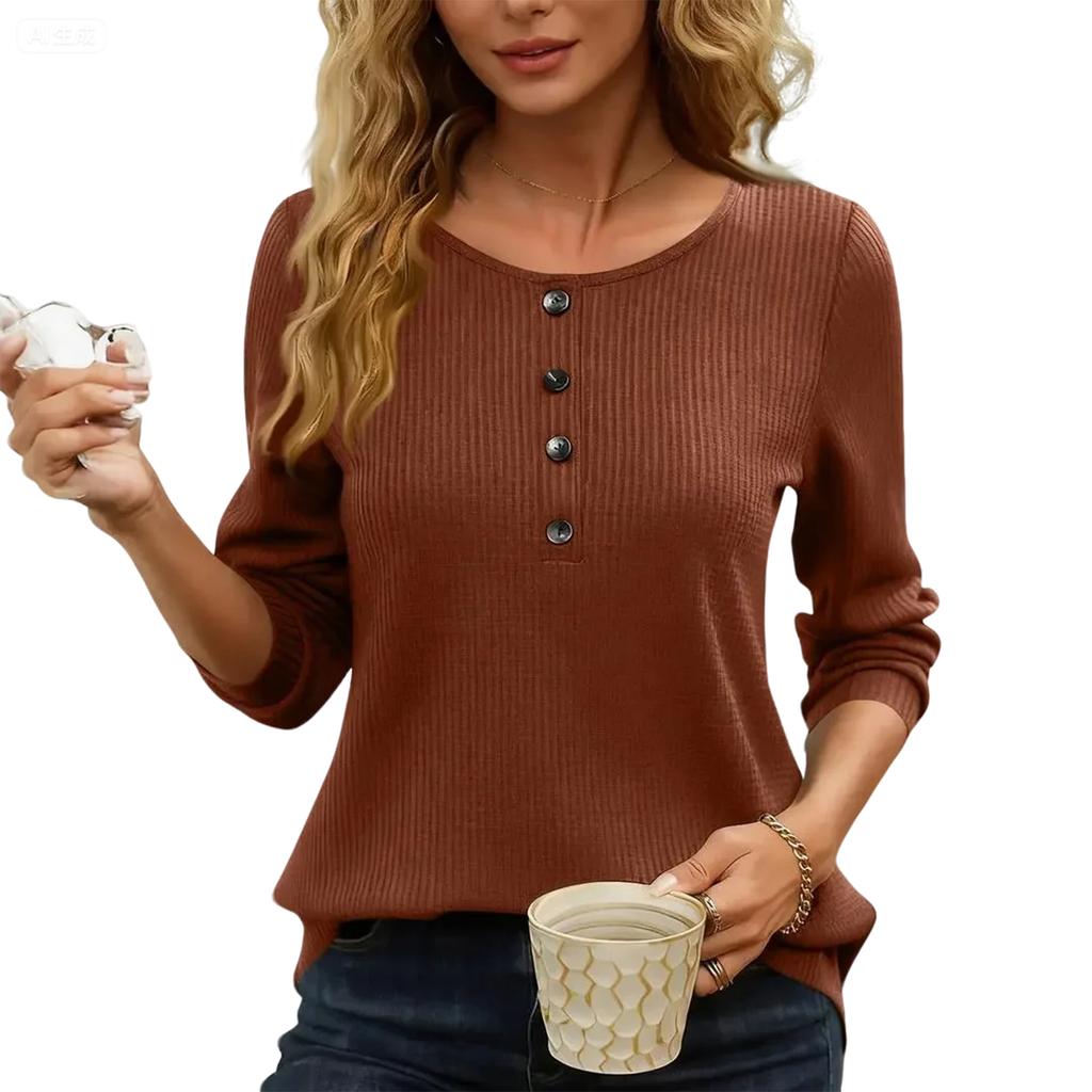 Damen Modischer Rundhals Langarm Knopf Lässiger Lockerer Pullover Top