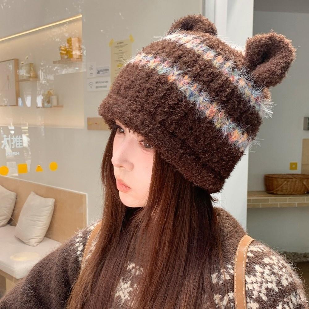 Ear Protection Fuzzy Knitted Beanie Polyester Warm Winter Hat Bear Ear Earflap Beanie Korean Style