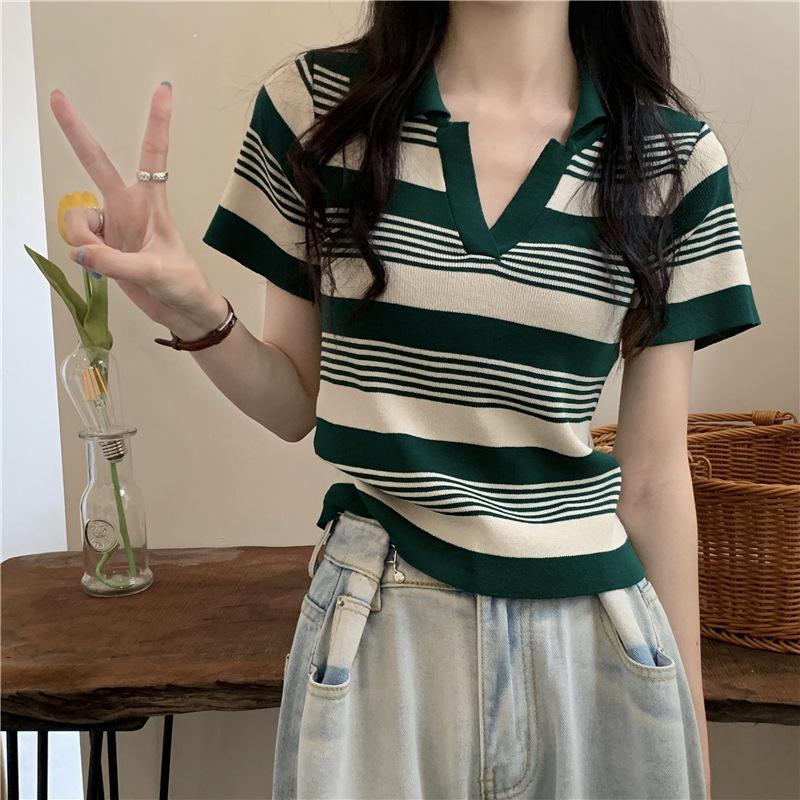 Women's Summer Striped Knitted Polo Collar Short Sleeve T-Shirt - 2022 Trendy Student Top