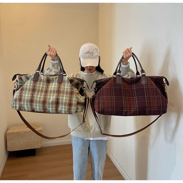 Portable Travel Bag Large Capacity Retro Plaid Crossbody Fitness Bag Short-distance Travel Luggage Bag