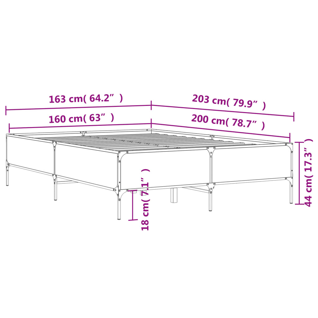 Bed Frame Gray Sonoma 160 x 200 cm Engineered Wood and Metal
