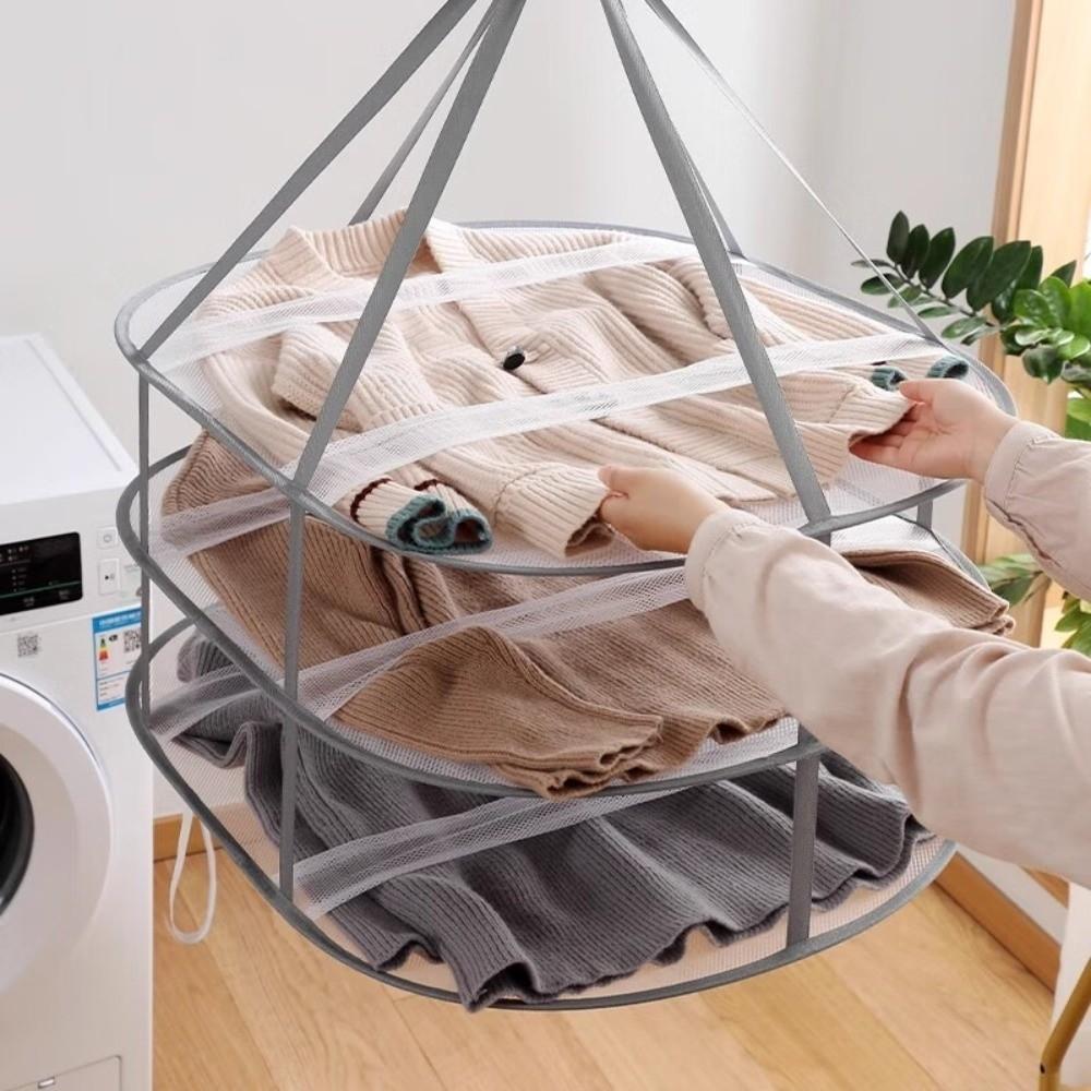 Foldable Clothes Drying Rack Mesh 3-Tier Lay Flat Hanger Space Saving With Hanging Hook Laundry Organizer Sweater Towel Socks