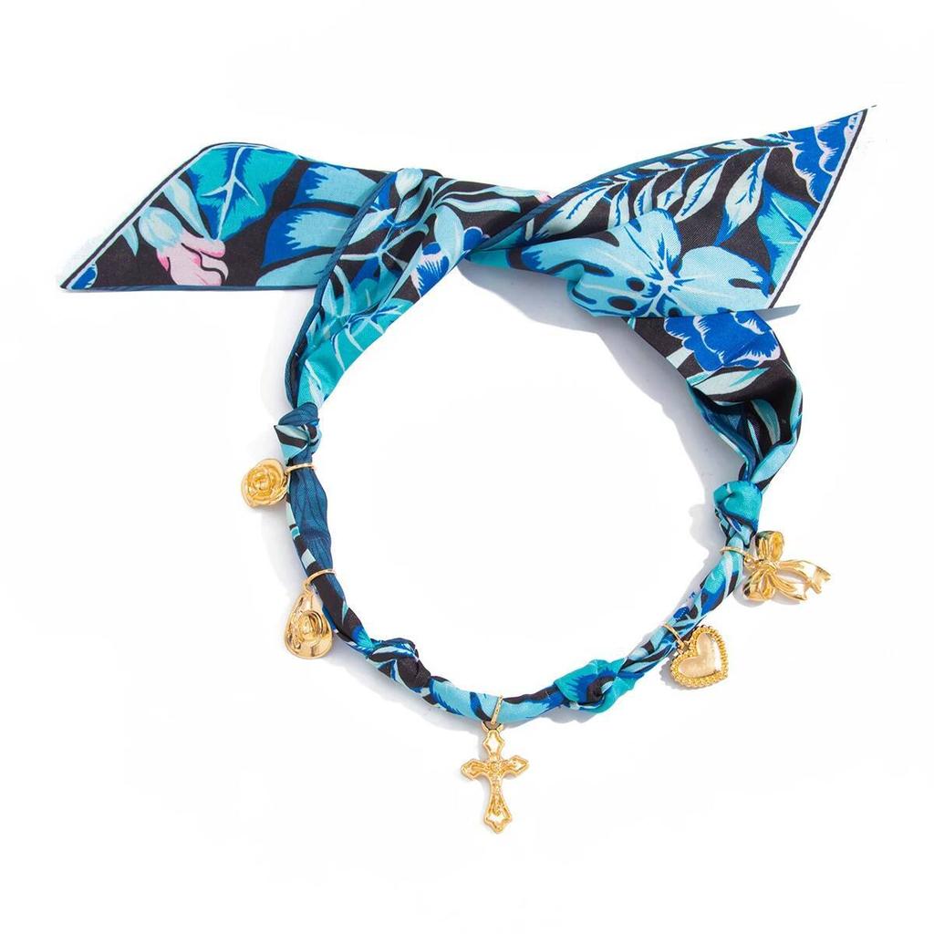 Salircon Unique Creative Blue/Green Scarf Ribbon Chokers Necklace Women Boho Sun Moon Heart Cross Pendant Necklace Jewelry 2026