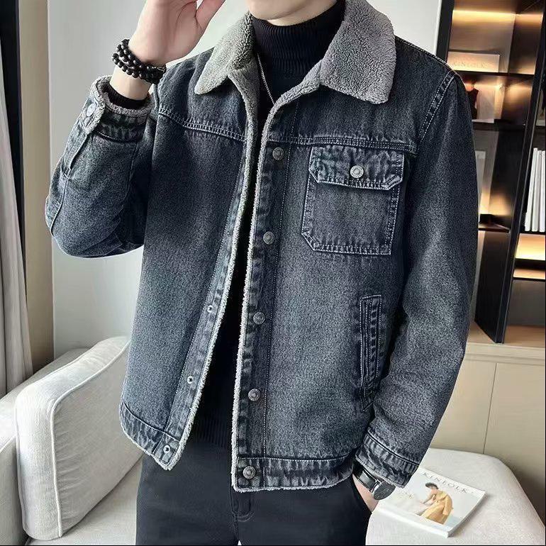 Men's 2024 Slim Velvet Lapel Denim Jacket with Lambskin - Trendy Winter Korean Style