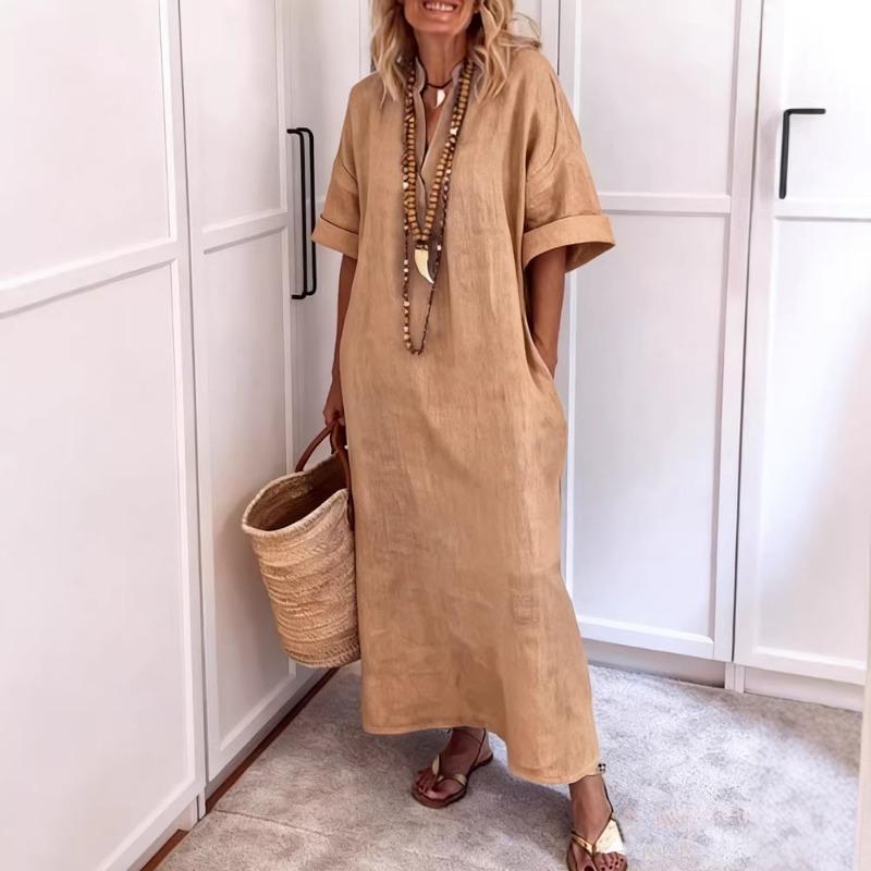 Women's White Linen-Look Maxi Dress Casual Stand Collar Half Sleeve Loose-Fit Tunic Dress