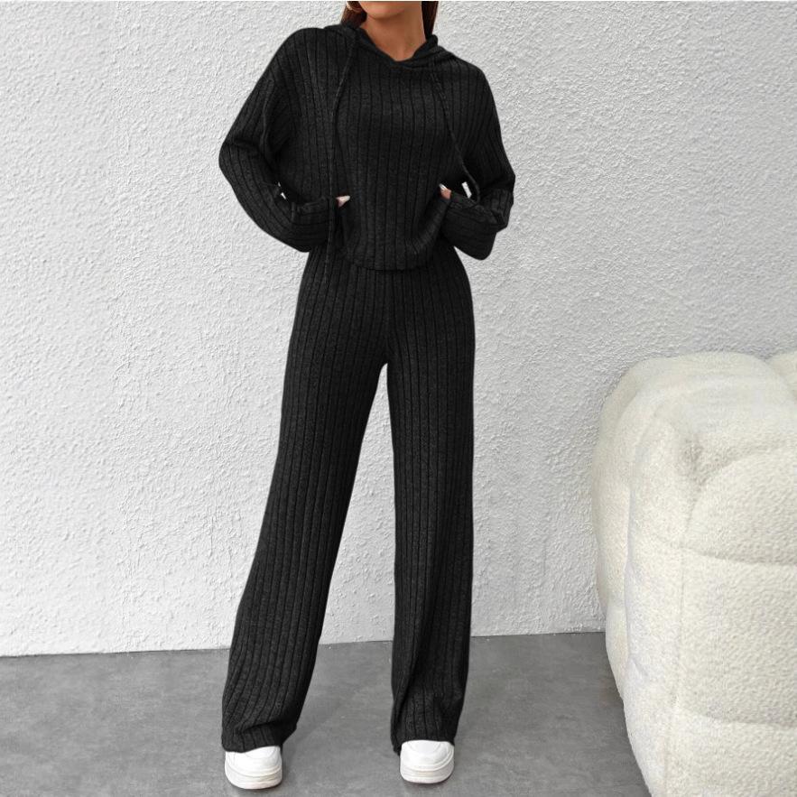 Casual Knitted Long Sleeved Set Women's Hooded Sweatshirt, Loose Pants Two-piece Set