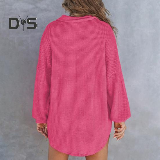 Women Tops Lapel Buttons Half Placket Long Sleeve Pullover Tops Solid Color Waffle Texture Stretchy Blouse Daily Wear