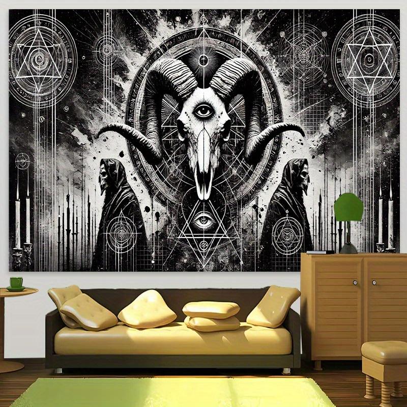 Gothic Infernal Goat Landscape Tapestry, Grunge Occult Symbol Geometry Wall Cloth, Cool Backdrop For Bedroom Home Space Indoor