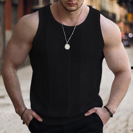 O-Neck Sleeveless Men Vest Solid Color Ribbed Trim Thin Summer Casual Hollow Out Loose Knitting Vest Sportwear