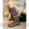 Cowhide version~ retro color matching boots women's autumn and winter new thick heel round head tall knight boots western boots