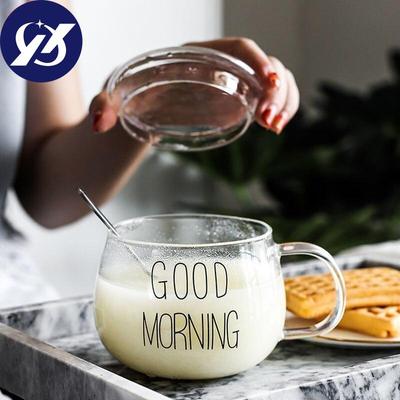 Tazza da latte in vetro borosilicato da 350 ml con manico, tazza per la colazione, tazza per microonde, tazza singola rotonda divertente con lettera WTE e coperchio rotondo