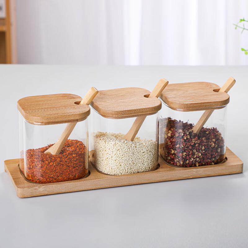 Glass Sealed Spice Jar Set with Wooden Spoon and Tray