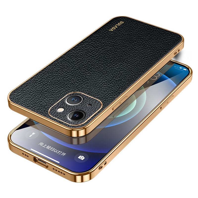 SULADA For iPhone 15 Litchi Texture Electroplating Cover PU Leather+PC+TPU Anti-drop Phone Case