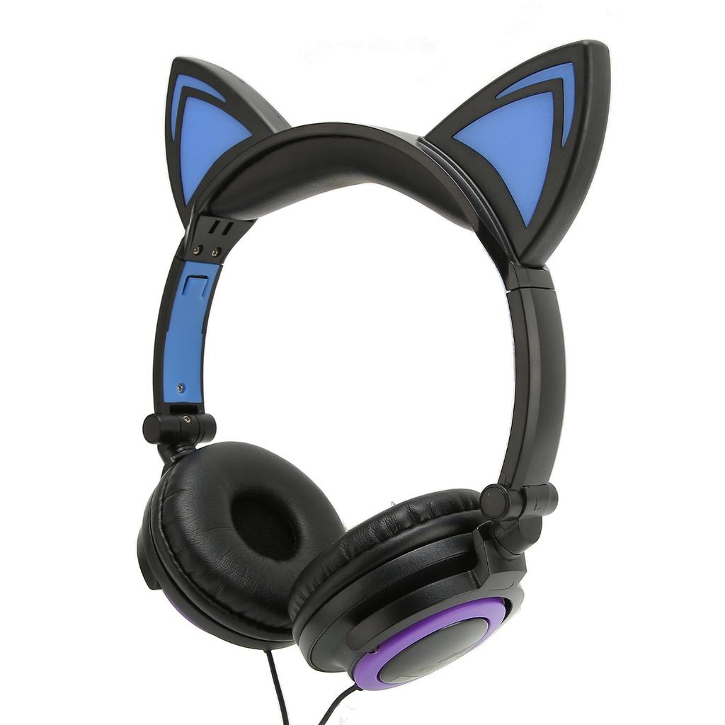 Cat Ear Wired Headphone Noise Reduction Cute Kids Cartoon Headset with LED Light for Tablets