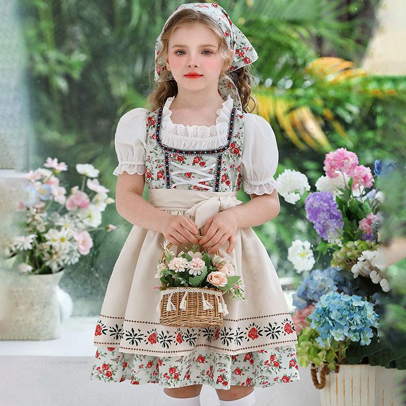 Meisjes Dienstmeisjeskleding 3-delige Set Pastorale Bloemenjurk Kinderen Duitse München Oktoberfest Kostuum Lieve Kinder Lolita Promjurk 140cm white