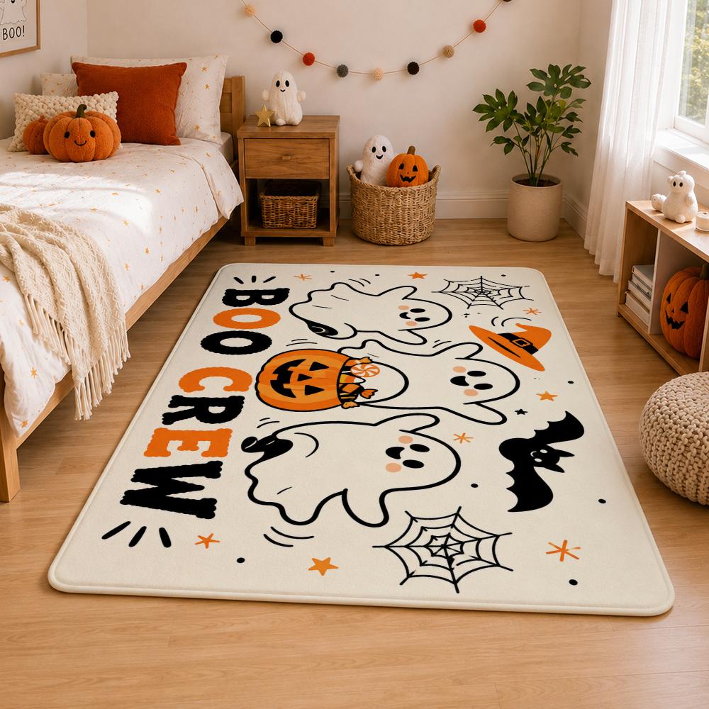 Cute Ghost Crew with Pumpkins in Kawaii Halloween Floor Mat Soft Flannel Non Slip Absorbent Entryway Bathroom Bedroom Garage
