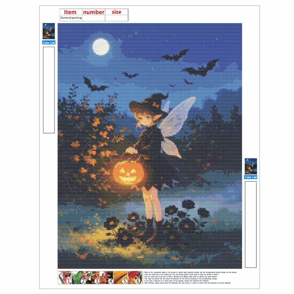 DIY Diamond Painting Kit Halloween Fairy Pumpkin Lantern Night Bat Full Drill Canvas Art Creative Craft Gift for Girls and Adults