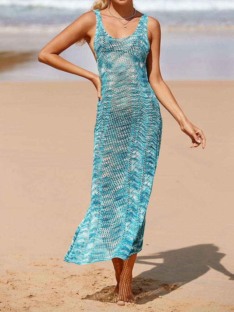 Women Summer Dress Sleeveless Hollowed See-through Slit Beach  Cover-up Dress