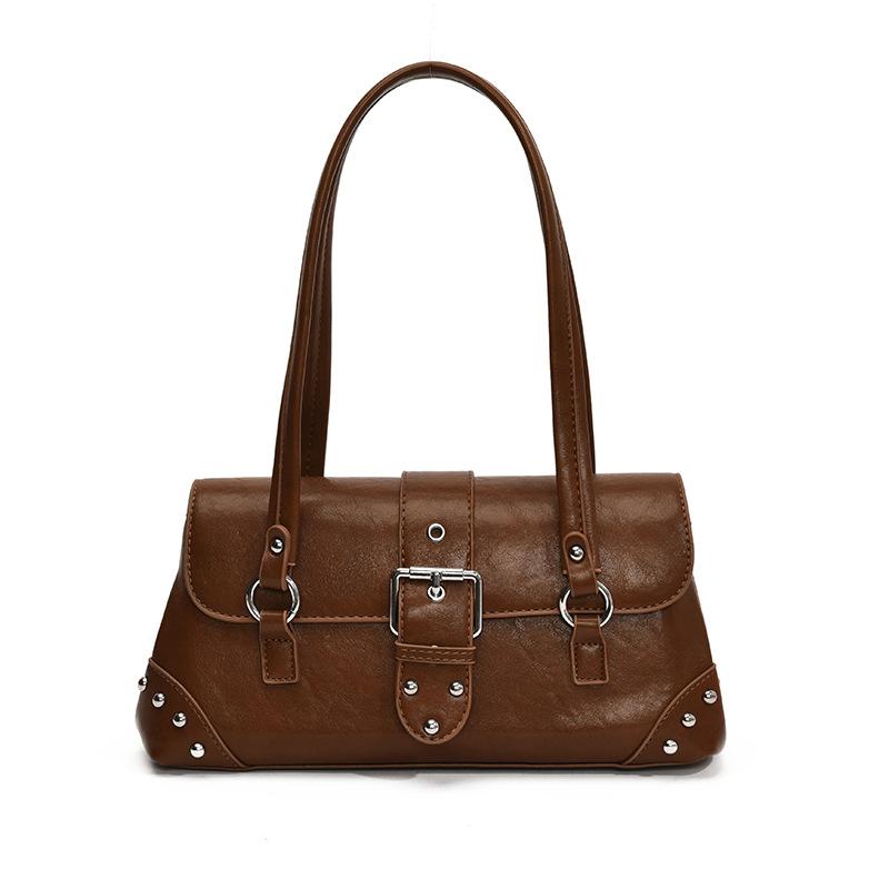 Shoulder Underarm Baguette Women's Bag Personalized Trend Women's Solid Color Fashionable Retro Locomotive Rivet Pin Buckle Decoration