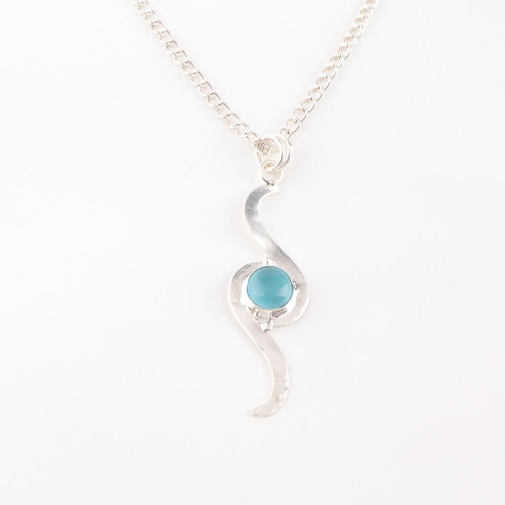 Natural Blue Cat's Eye Gemstone 925 Solid Silver Jewelry Handmade Long Pendant PP-44-38