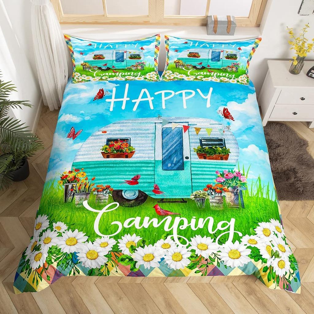 Rustikales Bauernhaus Camper Bettbezug King für Junge Mädchen Blume Happy Camping Bettwäscheset Weltraum Stern Glitzer Galaxie Bettdeckenbezug