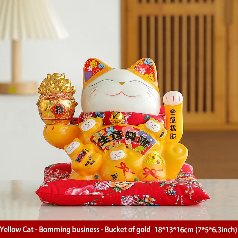 7 Inch Fortune Cat with Waving Arm Ceramic Maneki Neko Feng Shui Ornament Lucky Cat for Shops, Restaurant, Home Table Decoration