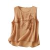 Women's Summer Chinese Vintage Cotton-Linen Embroidered Tank Top Solid Color Comfortable Loose-Fit Round Neck Sleeveless Top