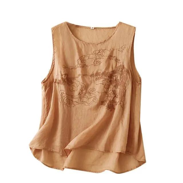 Women's Summer Chinese Vintage Cotton-Linen Embroidered Tank Top Solid Color Comfortable Loose-Fit Round Neck Sleeveless Top