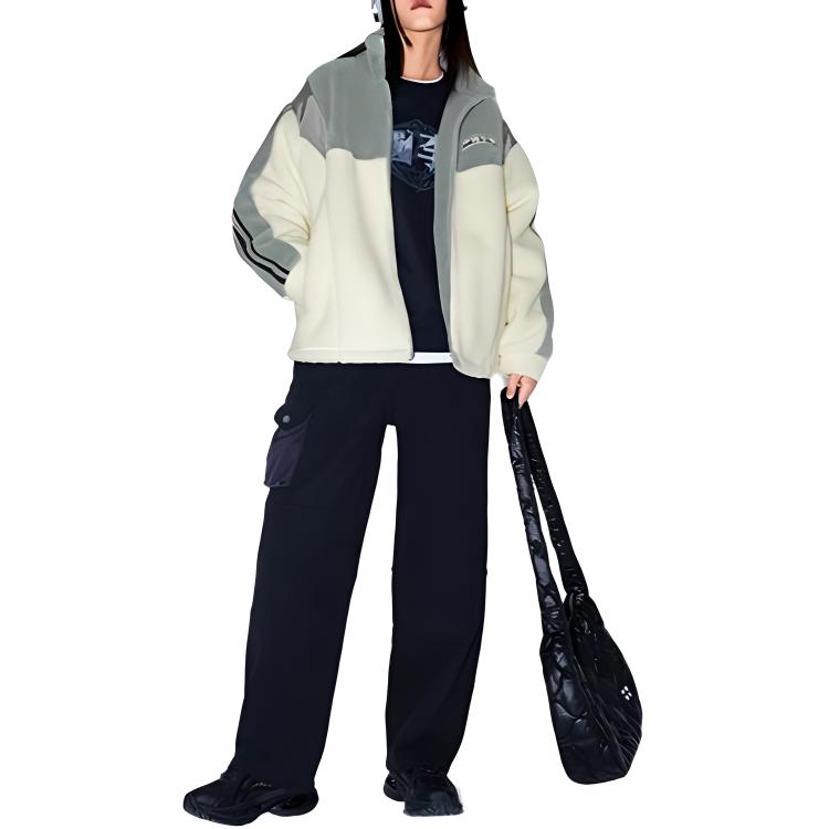 Li Ning Serie Reignite Cardigan Largo Comodo Casual Semplice Cerniera Collo Alto Blocco di Colore Felpa Unisex Felpa Grigio Panna AWDUB41-2