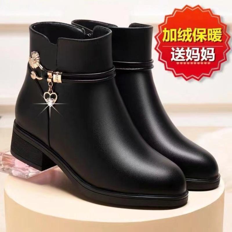 Mom shoes women's cotton shoes winter velvet short boots thick heel flat-soled medium cotton leather shoes non-slip cotton boots