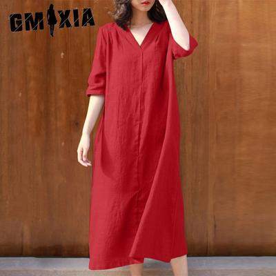 Women's Midi Sleeve Cotton Dresses Casual V-Neck Solid Colour Tank Dresses Fashion Party Beach Midi Robe