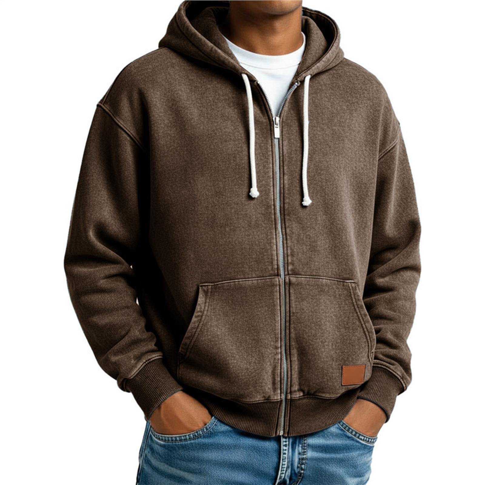 

Full Zip Up Hoodie Sweatshirt for Men Casual Drawstring Hooded Jacket with Pockets Cotton Fabric L коричневый