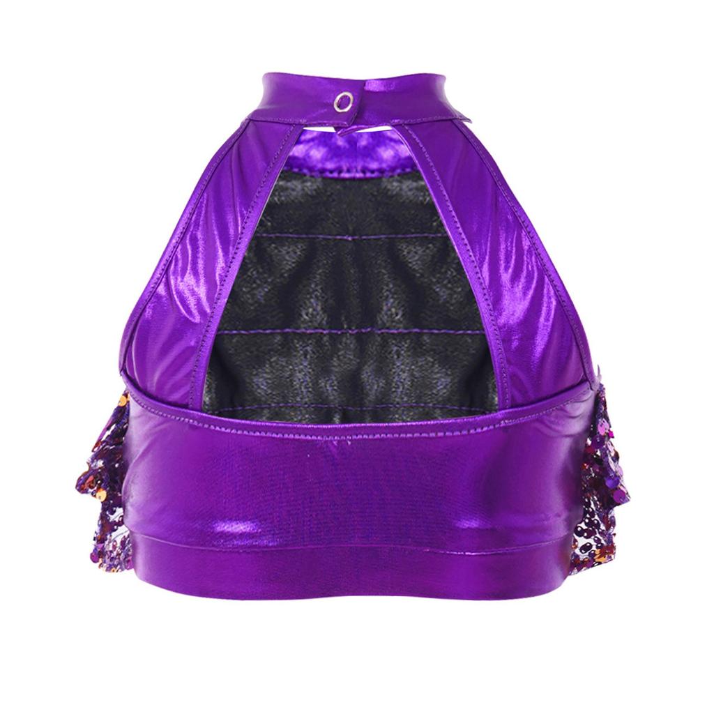 Girls Sleeveless Mock Neck Shiny Sequin Tiered Backless Crop Top Dance Performance Top
