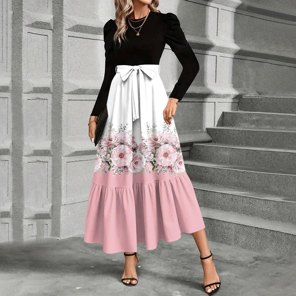 Women's Floral Print High Waist Fashionable And Elegant Dress