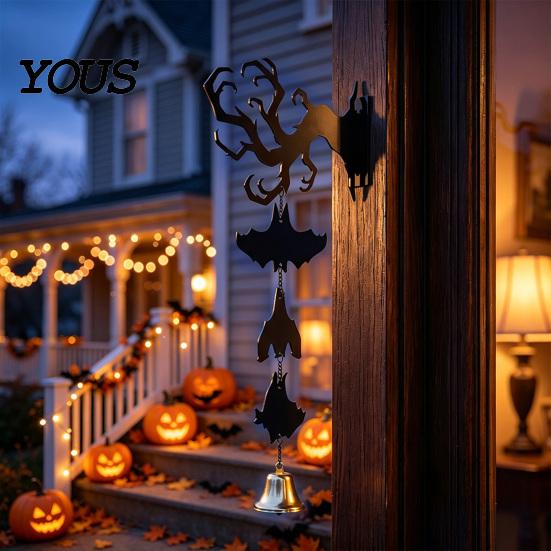 Halloween Courtyard Decoration Hanging Wall Decor, Matte Black Dead Branch Bat Silhouette Ornament Durable Acrylic Holiday Sign with Metal Bell, Easy