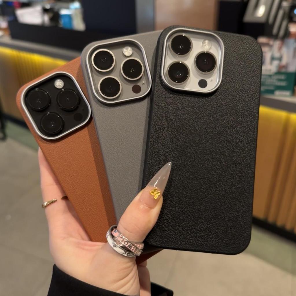 Advanced Solid Color Leather Pattern Electroplating Frame Mobile Phone Case Suitable for Iphone16promax Simple Apple 15 Protective Case 14