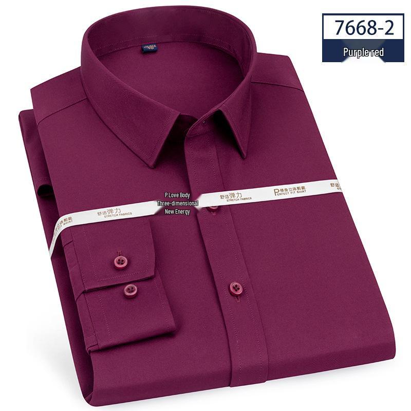 High Elasticity Non-Iron Slim Fit Men's Long Sleeve White Collar Business Casual Shirt with Pocket for Spring and Autumn.