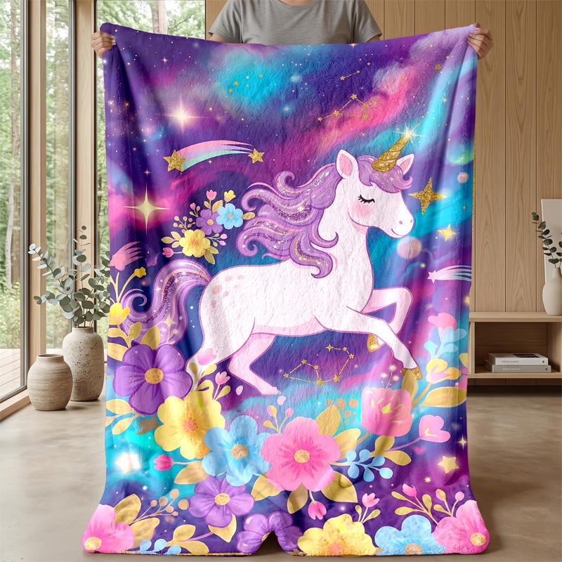 Fantasy Unicorn with Flowers Theme Blanket Lightweight Warm Flannel Blanket Decorative Throw Blanket for Home Decoration