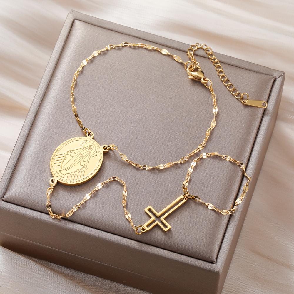 Dawapara Virgin Mary Hand Chain Cross Bracelet Religious Christian Jewelry Christmas Gift Stainless Steel