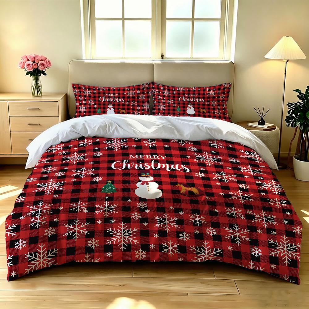 3pieces(1 Bedding Cover + 2 Pillowcases) Featuring a Red and Black Plaid Christmas Snowflake Suitable for Home Decoration