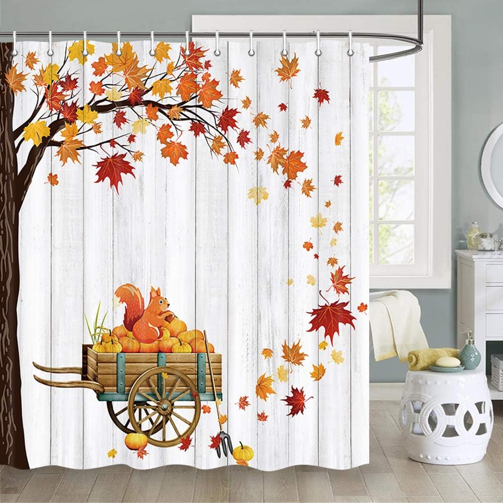 Autumn Pumpkin Shower Curtain Cat Maple Leave Fall Thanksgiving Harvest Rustic Barn Door Wooden Vintage Farmhouse Bathroom Dec